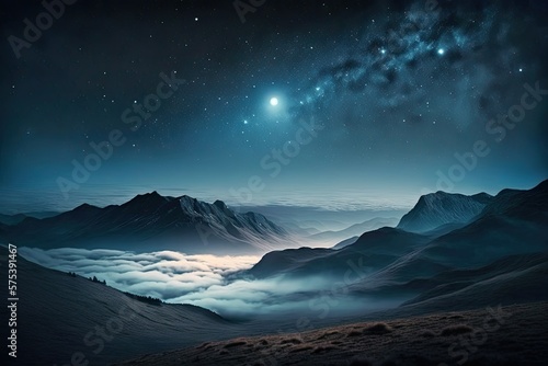 Star studded night sky visible through the mist in a mountain valley. Beautiful scenery with foggy hills and a clear night sky. Use of the word night to connote a mystical and astronomically signifi