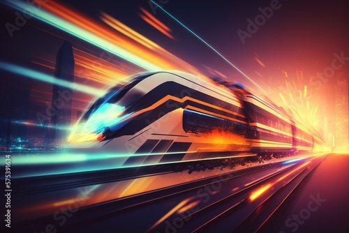 futuristic train on high speed in the future city blurred motion creative light trails Generative art Generative AI © Whitefeather