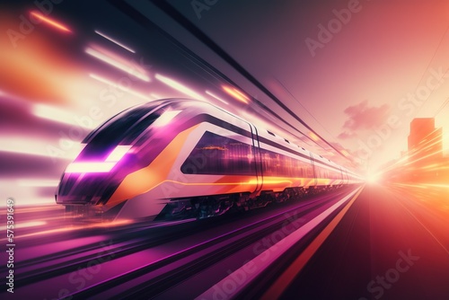 futuristic train on high speed in the future city blurred motion creative light trails Generative art Generative AI