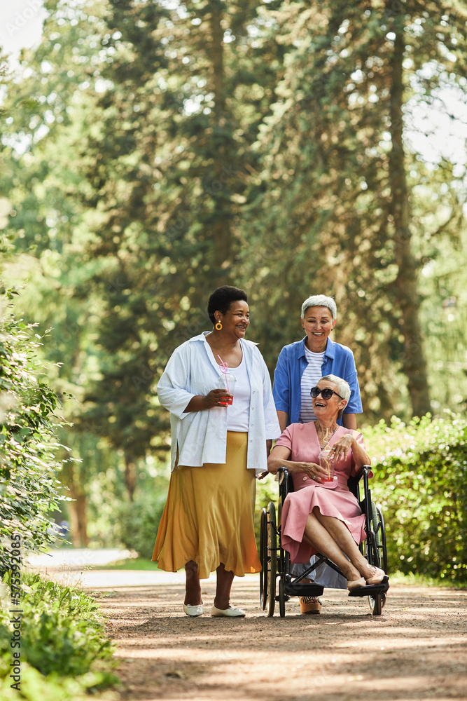 Full length portrait of cheerful senior women with person in wheelchair enjoying walk together in park Full length portrait of cheerful senior women with person in wheelchair enjoying walk together in park