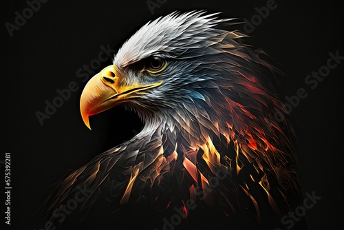 A flaming bald eagle's head stands out against a black backdrop. Computer generated artwork. Generative AI