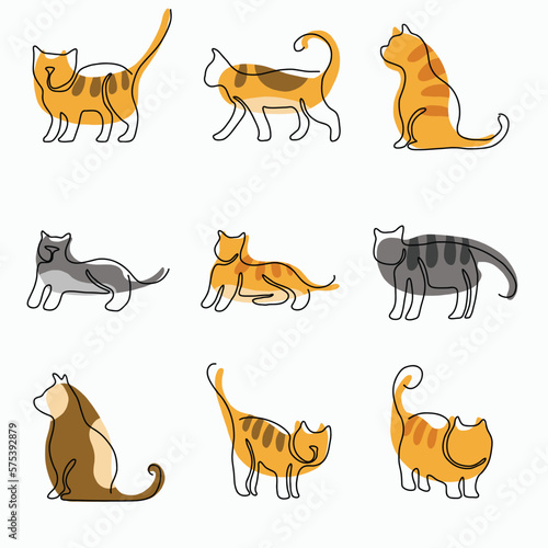 Doodle continuous freehand sketch drawing of cat pose collection.