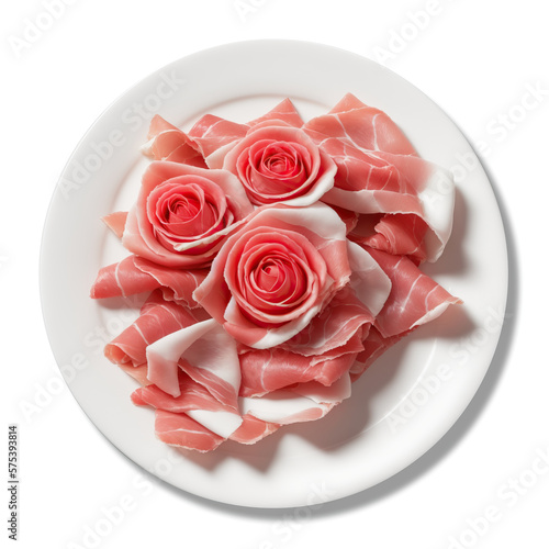 Sliced prosciutto crudo arranged in the shape of roses. Generative AI