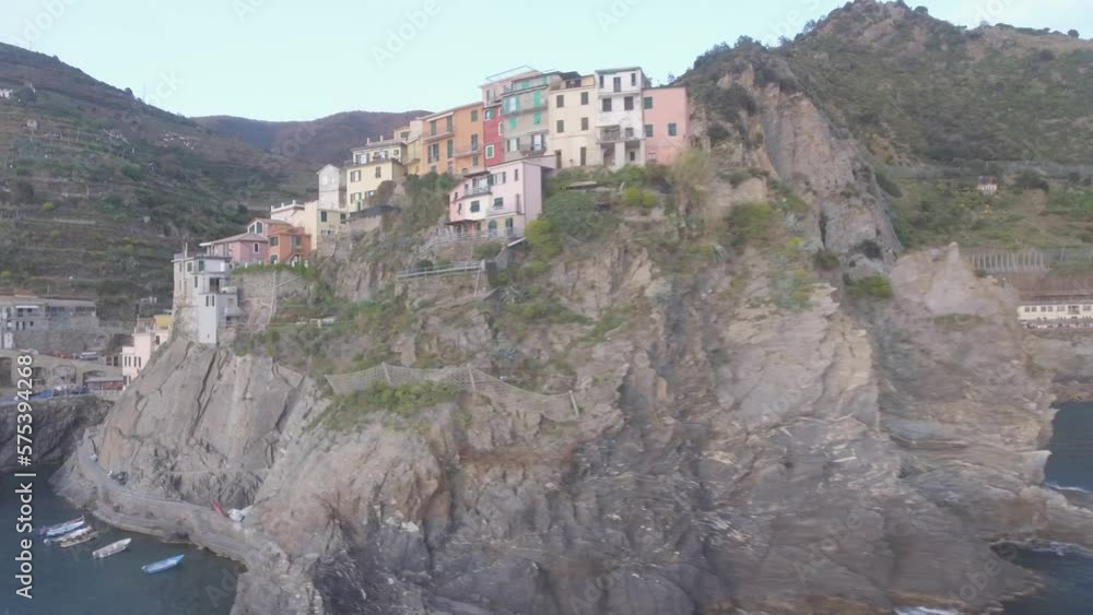 Aerial view of Manarola coastline from the sky, Five Lands, Italy Aerial view of Manarola coastline from the sky, Five Lands, Italy
