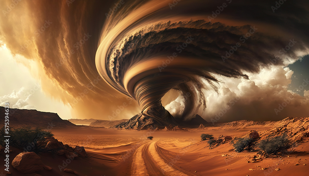 A huge tornado hits the desert landscape with great force. AI generated illustration. - obrazy, fototapety, plakaty 
