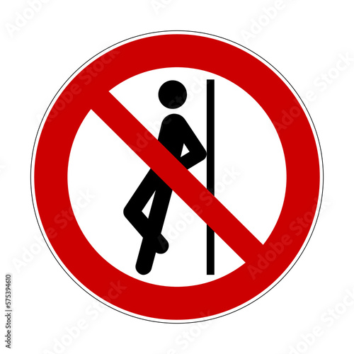 No leaning against. Vector illustration of red crossed out circular prohibited sign with man leaning backwards against wall. Object overbalancing symbol. Risk of falling. Loss of balance.