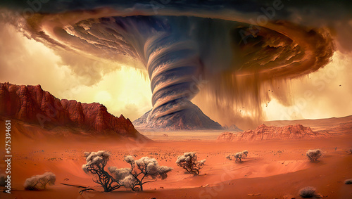A massive tornado whirls through a desolate desert landscape under a stormy sky. AI-generated.