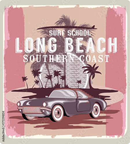 surf car retro vector print.vintage car poster