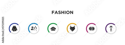 fashion filled icons with infographic template. glyph icons such as short skirt, tailor, monarchy, heart pendant, fiance, men tracksuit vector.