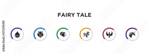 fairy tale filled icons with infographic template. glyph icons such as troll, beast, pinocchio, hydra, phoenix, unicorn vector.