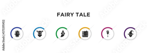fairy tale filled icons with infographic template. glyph icons such as magic mirror, ogre, genie, spellbook, enchanted mirror, wicked vector.