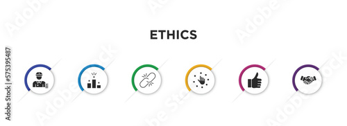 ethics filled icons with infographic template. glyph icons such as guard, competitive, connect, choice, thumbs up, corruption vector.
