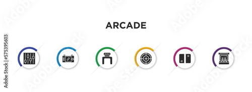 arcade filled icons with infographic template. glyph icons such as controls, handheld game, zoo, shooting game, switch, arcade vector.