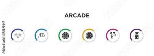 arcade filled icons with infographic template. glyph icons such as racing, swing, poker chip, shooter, dance, game hine vector.