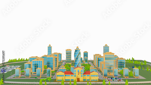 stylized three-dimensional city with train cars on a white background. 3d render illustration