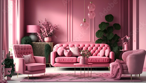 modern living room with pink sofa