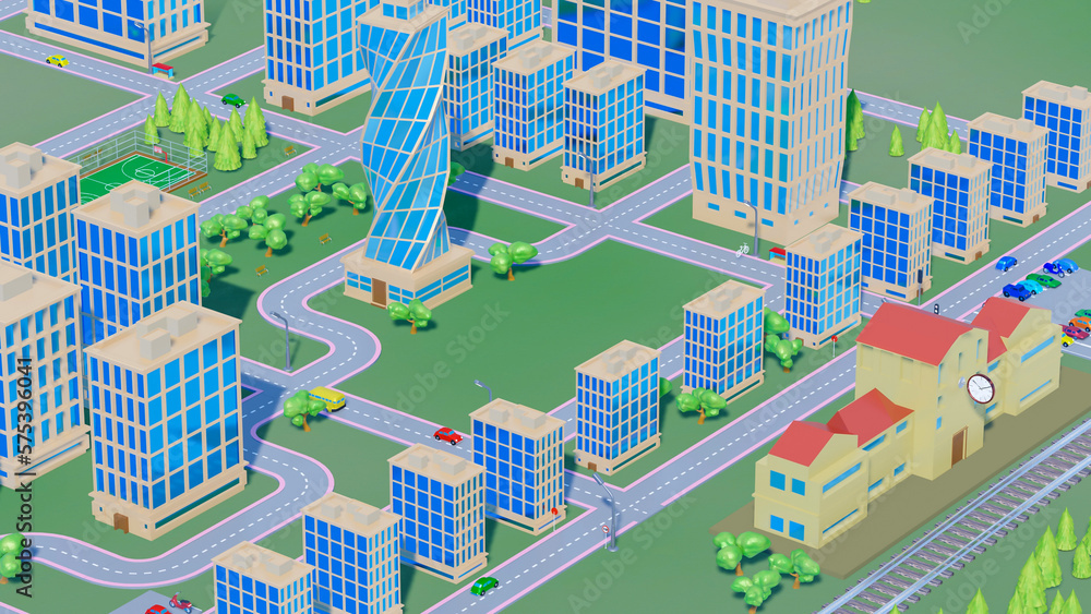 background stylized three-dimensional city with train cars. 3d render illustration background stylized three-dimensional city with train cars. 3d render illustration