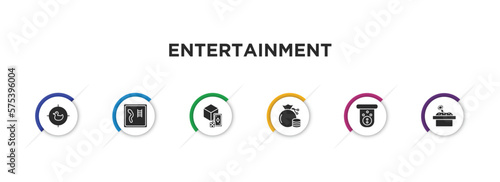 entertainment filled icons with infographic template. glyph icons such as duck shooting, snakes and ladders, board game box, bag with checkers game, skee ball, sandbox vector.