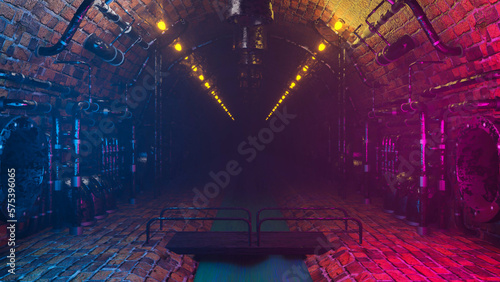 steampunk sewer with purple and turquoise backlight. 3d render illustration