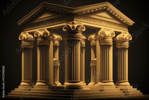 This image depicts a mythical Greek temple complete with sculpted stone pillars and arches. Generative AI photo