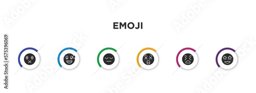 emoji filled icons with infographic template. glyph icons such as muted emoji, sweating emoji, tired dizzy stress surprise vector.