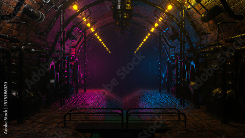 steampunk sewer with purple and turquoise backlight. 3d render illustration