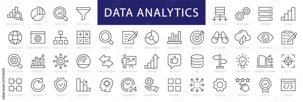 Data Analytics thin line icon set. Data Analysis editable stroke icons. Data analytics, mining, optimization, processing, statistic, monitoring, analysis. Vector illustration - obrazy, fototapety, plakaty 