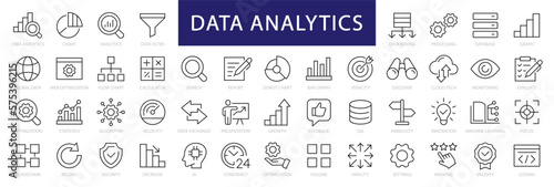 Data Analytics thin line icon set. Data Analysis editable stroke icons. Data analytics, mining, optimization, processing, statistic, monitoring, analysis. Vector illustration