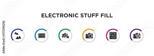 electronic stuff fill filled icons with infographic template. glyph icons such as landscape photo, camera big screen size, camera timer, photograph, calculating, compact camera vector.