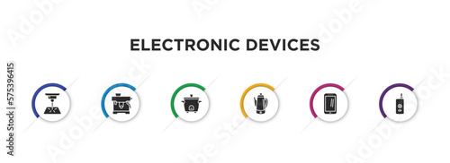 electronic devices filled icons with infographic template. glyph icons such as laser hine, espresso maker, rice cooker, pertor, cell phone, vaporizer vector.