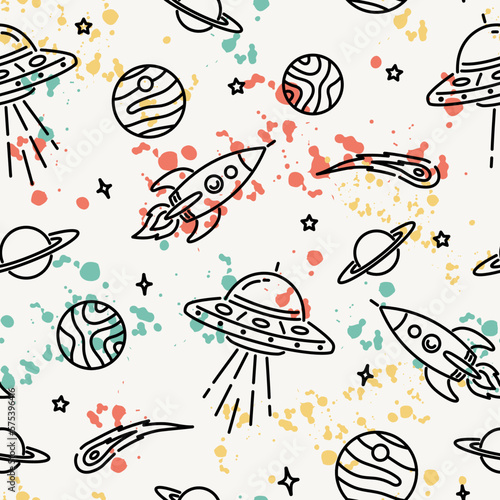 Hand-drawn space elements seamless pattern. Space background. Space doodle illustration. Vector illustration. Seamless pattern with cartoon space rockets, planets, and stars.