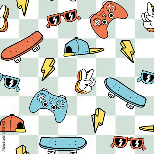 Vector cartoon seamless pattern with the checked background. Game controllers, skateboards seamless pattern. Seamless repeat pattern.