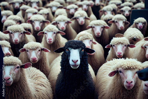 flock of sheep with one black. Generative AI