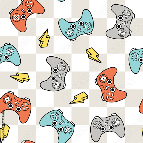 Vector gamer seamless pattern with checked background. Game controller digital download seamless pattern. Video game seamless repeat pattern.