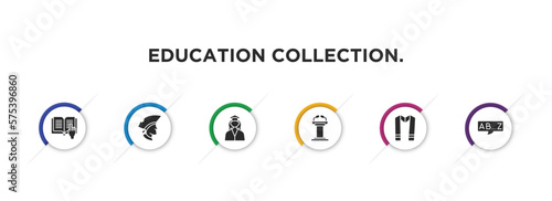education collection. filled icons with infographic template. glyph icons such as reading, long john silver, student, lectern, sash, alphabet vector.