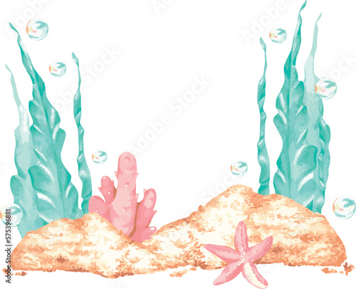 Watercolor vector illustration. Sea bottom. Sand, algae and corals. Place for text. Isolated on a white background. For the design of bathroom items, beach accessories, cosmetics, detergents