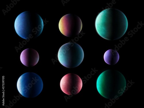 Set of nine exoplanets on a black background. Planets of different sizes and types.