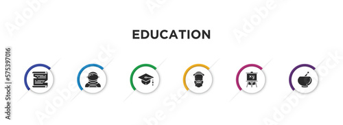 education filled icons with infographic template. glyph icons such as papyrus, astronaut, graduation cap, robinson crusoe, easel, punch bowl vector.