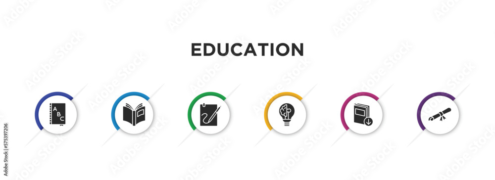 education filled icons with infographic template. glyph icons such as alphabet book, open book black cover, calligraphy, intellectual, download book, folded certificate vector. education filled icons with infographic template. glyph icons such as alphabet book, open book black cover, calligraphy, intellectual, download book, folded certificate vector.