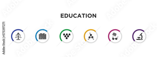 education filled icons with infographic template. glyph icons such as swinging, reading an open book, grandstand, chemical formula, book and glasses, biology microscope vector.