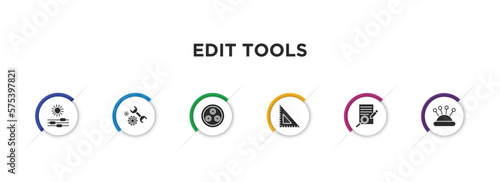 edit tools filled icons with infographic template. glyph icons such as lightness, repair tools, quark, school triangle, defining, needle case vector.