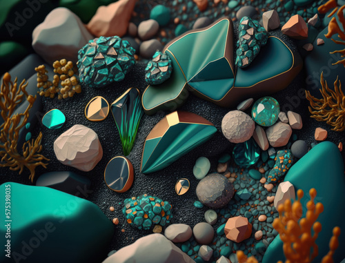 This abstract composition of layered geometric shapes in coral and malachite colors. Bottom of the sea illustration. Created with Generative AI technology
