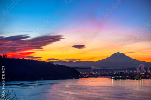 Sunrise over Mt. Rainier and the Port of Tacoma
