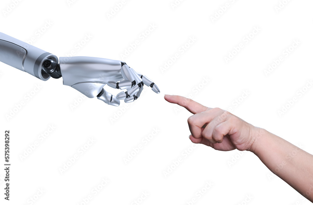 Human and robot fingers making contact on transparent background, Integration and coordination of people with artificial intelligence technology concept, 3D rendering and png file - obrazy, fototapety, plakaty 