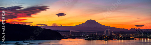 Sunrise over Mt. Rainier and the Port of Tacoma