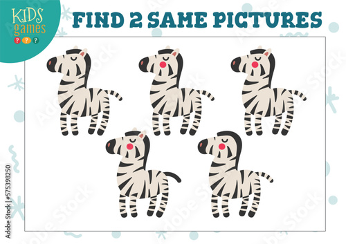 Find two same pictures kids game vector illustration
