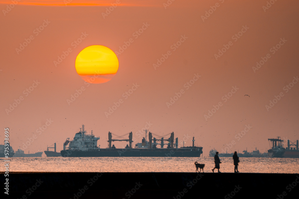 Obraz premium couple walking their dog at sunset