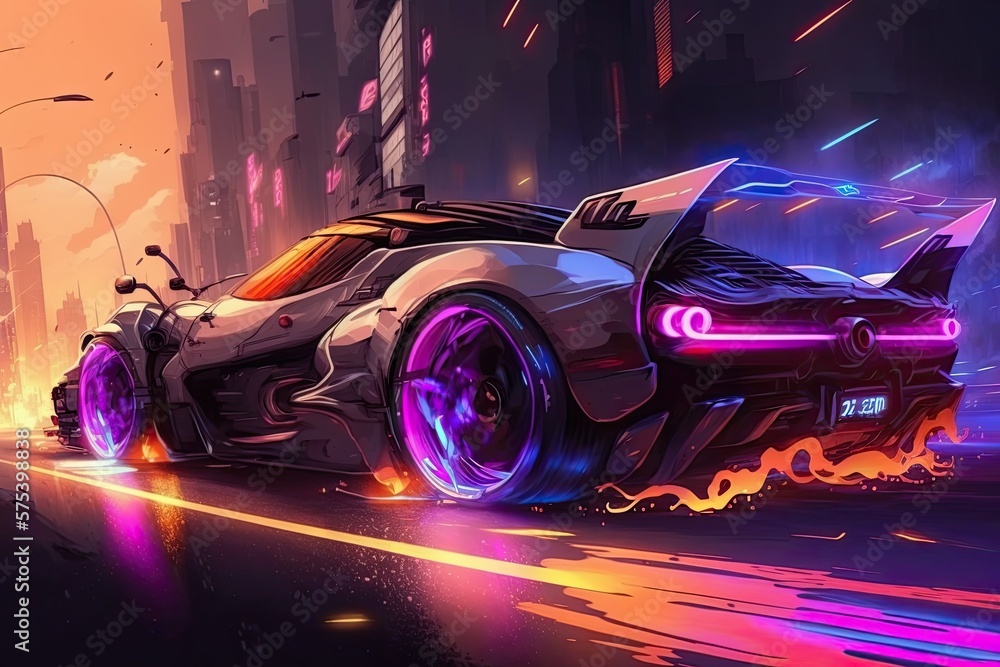 Illustrazione Stock Sport Car with Cyberpunk Upgrades, Riding the Neon  Highway. Lightning fast acceleration of a Ferrari against a neon lit,  cyberpunk cityscape. Generative AI | Adobe Stock