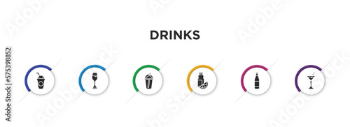 drinks filled icons with infographic template. glyph icons such as frappuccino, wine, coffee bean, juice bottle, lime rickey drink, manhattan drink vector.