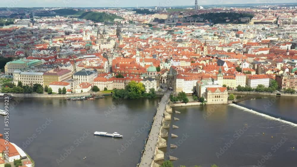 Prague Old Town in Czech Republic with Famous Sightseeing Places in Background. Charles Bridge Iconic 14th century Structure with View, Vltava river and Prague Cityscape. Must Visit City. Drone Prague Old Town in Czech Republic with Famous Sightseeing Places in Background. Charles Bridge Iconic 14th century Structure with View, Vltava river and Prague Cityscape. Must Visit City. Drone